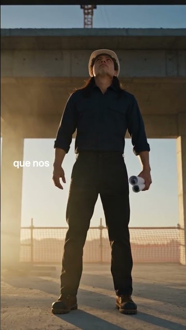 Fotograma de un reel: una trabajadora con casco de pie en una obra en construcción